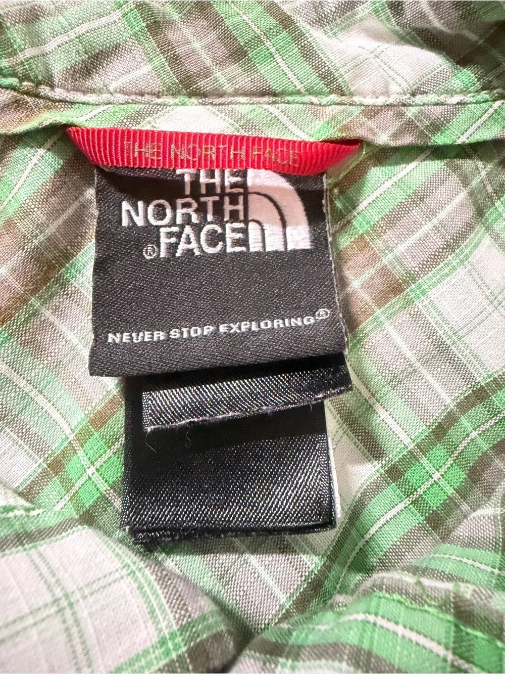 The North Face Green and White Plaid Short-Sleeve Button-Up Shirt